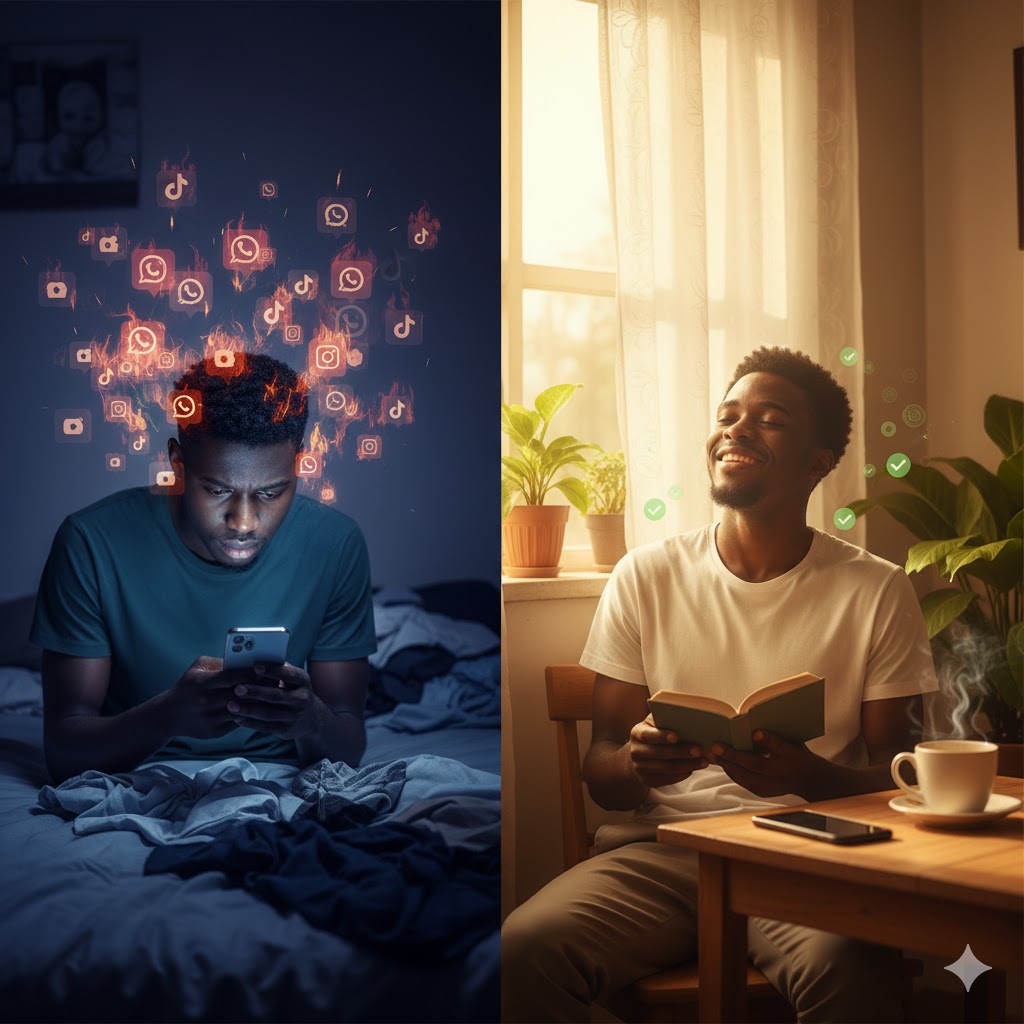 Split-screen comparison showing stressed Nigerian youth overwhelmed by phone notifications versus peaceful person practicing digital boundaries and mindful social media use