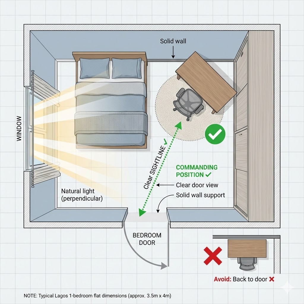 Top-down architectural diagram showing optimal desk placement diagonally opposite bedroom door in commanding position with clear door sightline and wall support
