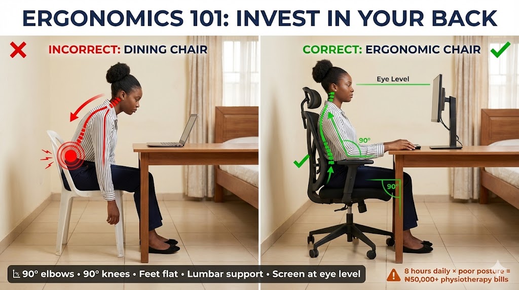 Side-by-side comparison showing incorrect posture on dining chair versus correct ergonomic posture on mesh office chair with 90-degree angles and lumbar support