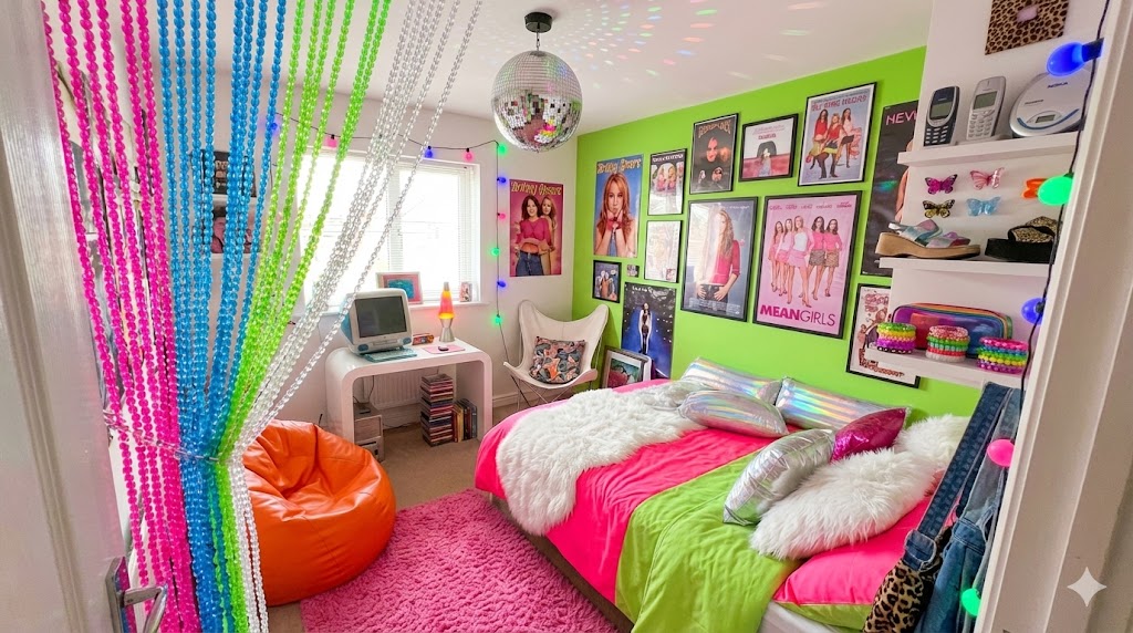 Vibrant Y2K aesthetic bedroom with neon pink accents, fluffy textures, beaded curtains, and nostalgic 2000s decor elements from thrift stores