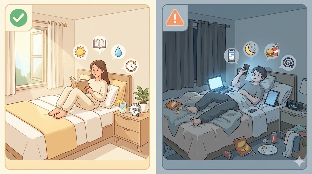 An infographic-style comparison showing two scenarios: healthy bed rotting with a timer, natural light, and a book versus unhealthy bed rotting with closed curtains, multiple screens, and scattered food wrappers.