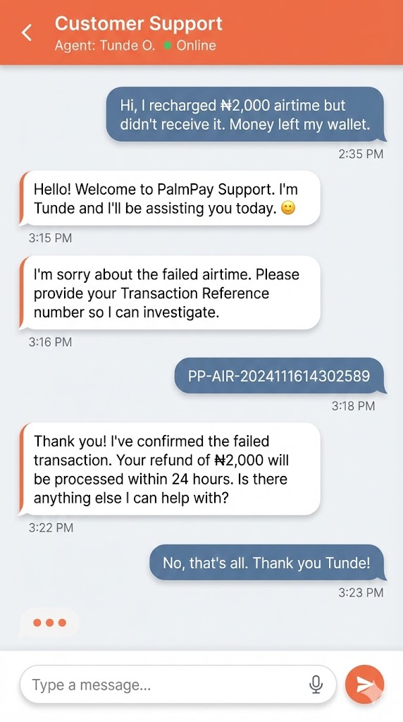 Screenshot of PalmPay in-app chat showing conversation with support agent Tunde resolving a failed airtime purchase